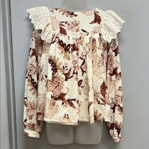 En Saison Floral Eyelet Ruffle Shoulder Blouse – Size Small – Cream & Brown